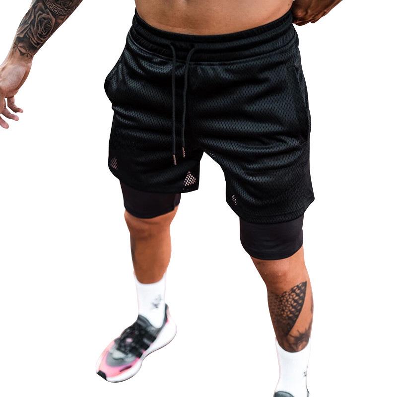 Мужские быстросохнущие двухслойные сетчатые шорты для фитнеса для занятий спортом на открытом воздухе