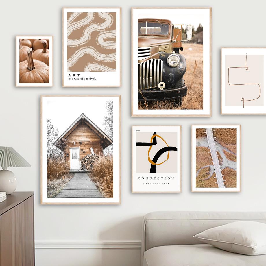 Камышовые растения Пляжный Бохо Абстрактные линии Тыква Постеры и Принты Бежевое настенное искусство Холст Картина для гостиной Домашнее украшение