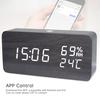 LED Digital Wooden Alarm Clock APP Control Time/ Temperature/ Humidity/ Date Display Electronic Desktop Clock 4 Levels Brightness Sound Control USB