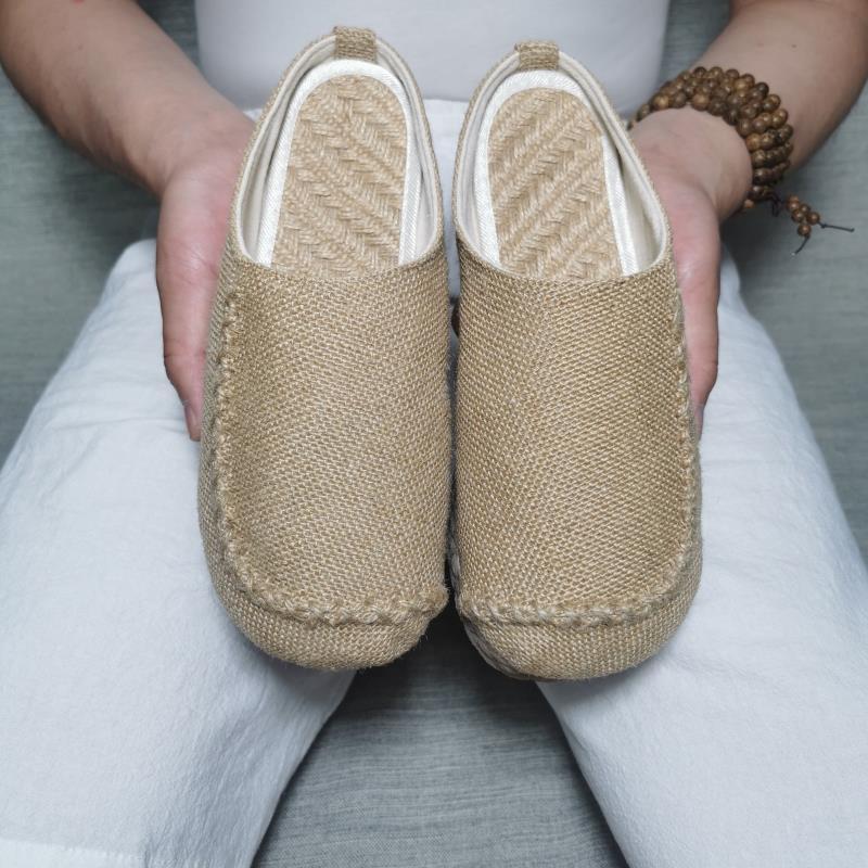 Мужские летние дышащие однотонные полускользящие тапочки из соломы и льна с закрытым носком, с круглым носком, на плоской подошве, домашняя обувь