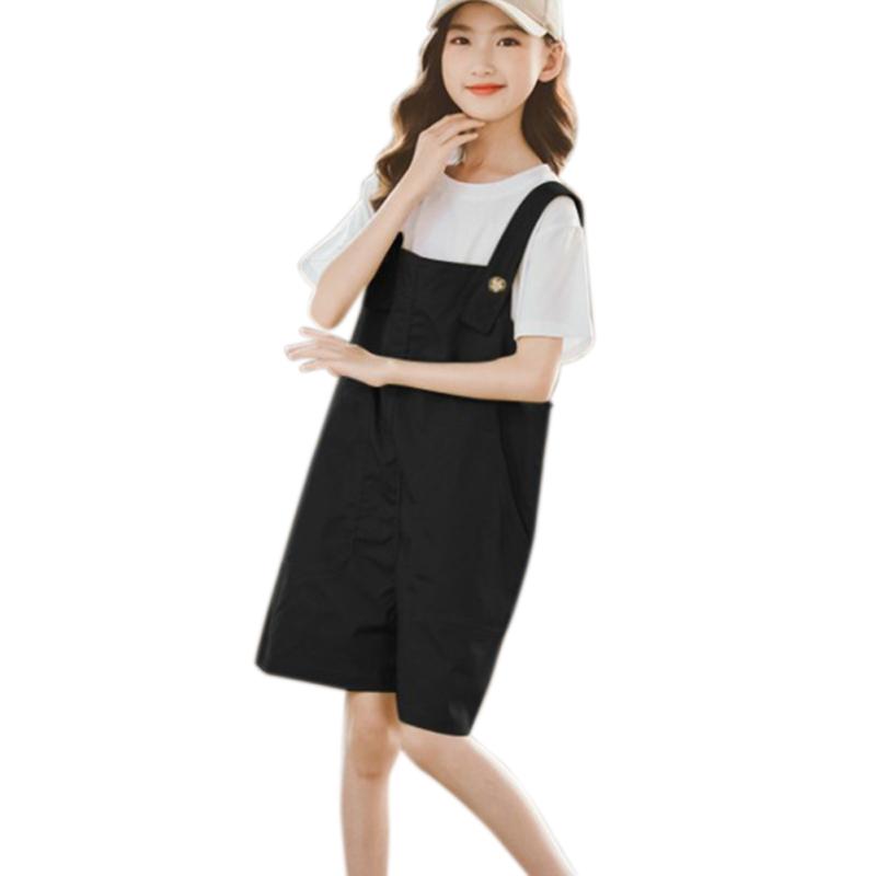 Детский костюм из 2 шт./компл., хлопковый однотонный топ с короткими рукавами + брюки-комбинезон, костюм для детей 7-12 лет