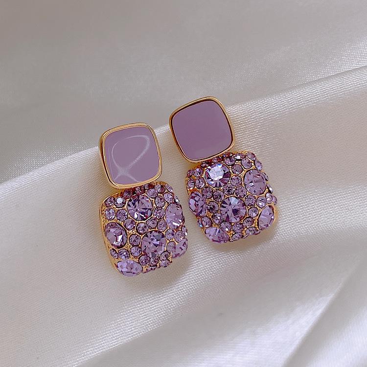 Needle Purple Personality Square Rhinestone Dripping Oil New Temperament Net Red Earrings Wedding Gift Jewelry
