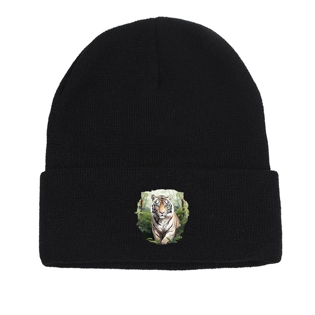 Vivid Tiger Print Knit Cap Beanie, Animal Woman Cap Fit Soft Unisex Bobble Hat Knit Hat Beanie