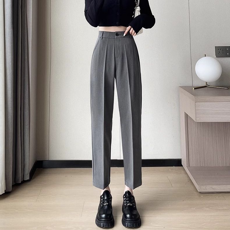 Весна Осень Черный Элегантный Костюм Брюки Харен Женские Модные Эластичные Повседневные Брюки С Высокой Талией Женские Корейские Стильные Однотонные Офисные Женские Узкие Брюки