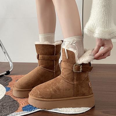Ретро универсальные ботильоны с бахромой, пряжка ремня, плоская подошва, бархатные теплые хлопковые туфли, осенне-зимняя мода, увеличивающие рост сноубутсы