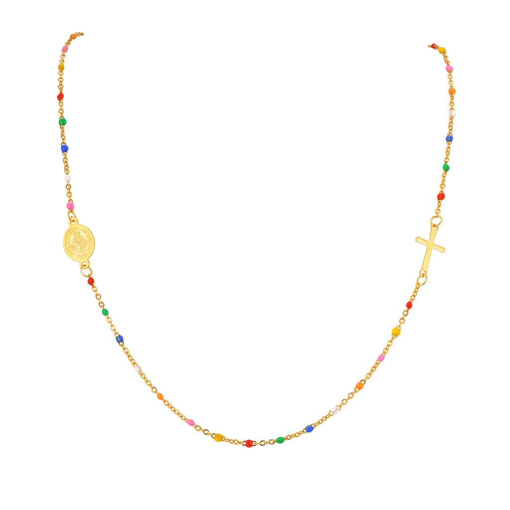 Sideway St. Benedict and Virgin Mary Cross Necklace for Women, Stainless Steel Enamel Satellite Beaded Chain Religious Jewelry