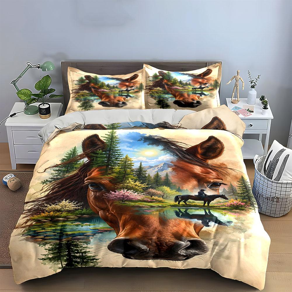 Horse, forest, rider, lake. Bedding sets Duvet cover sets Duvet covers Pillowcases(1*Duvet Cover 2*Pillowcases without duvet insert)