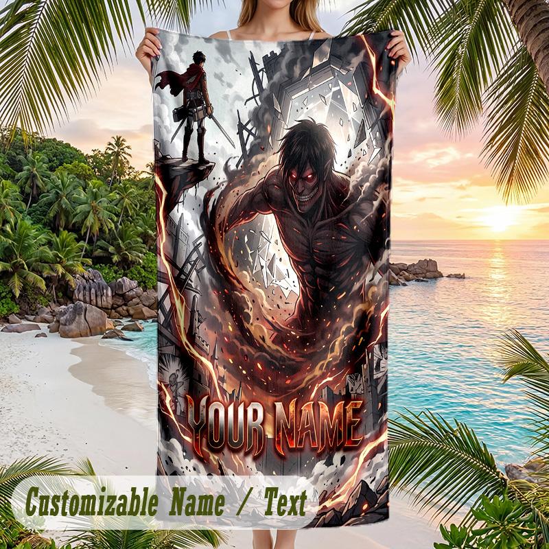 Attack on Titan Beach Towel, Personalized Custom Name Text, Quick Dry Large Absorbent Towel For Beach Pool