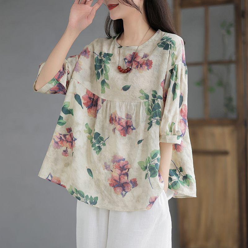 Doll Shirt Short Sleeved Cotton Linen Round Neck T-shirt Women's Summer Plus Size Top Linen High-end Temperament Shirt