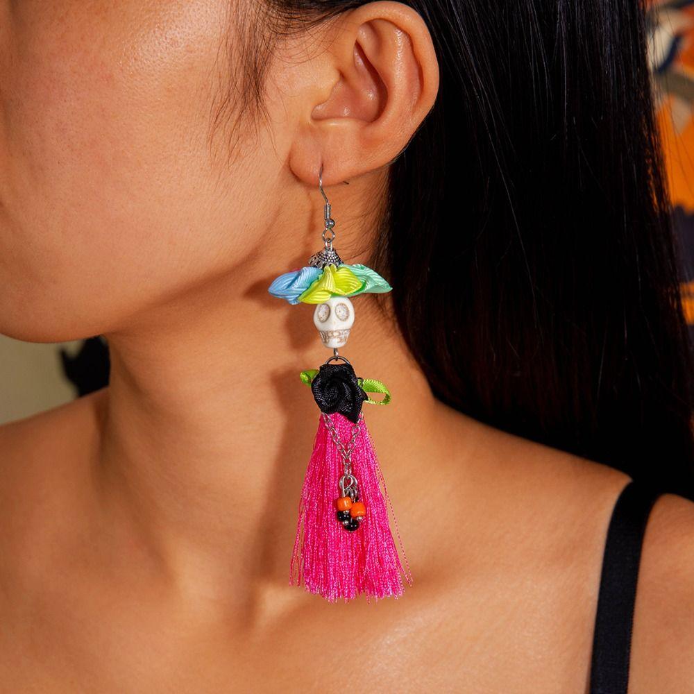 Colorful Halloween Earrings Rice Bead Ear Jewelry Accessories Fun Skull Drop Earring  Women