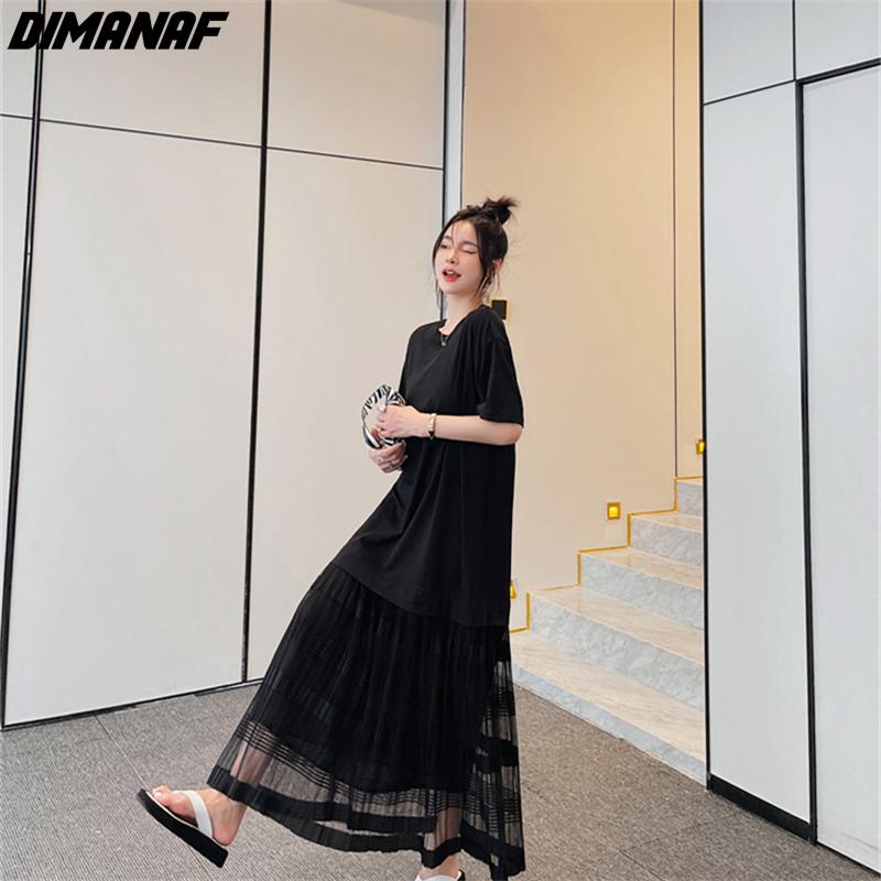 Dimanaf Женское длинное платье Лето Плюс Размер Модная Сетка Черное Свободное Повседневное Oversize