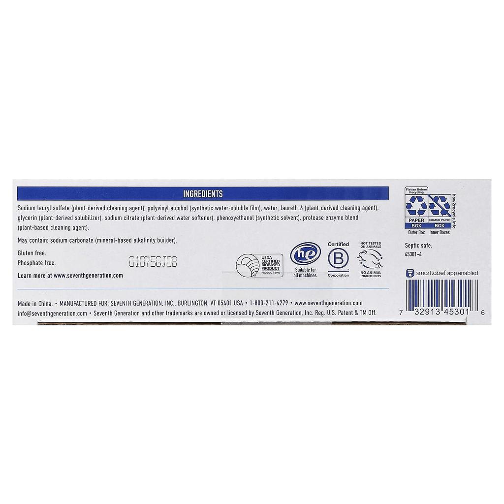 Seventh Generation Листы стирального порошка, Без ароматизаторов и красителей, 32 листа, 4.317 унции (122.4 г)