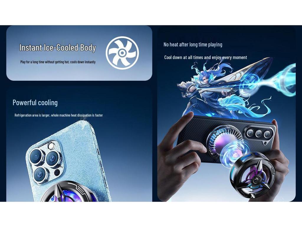 Магнитный кулер для мобильного телефона с бесшумным двухъядерным полупроводником для киберспорта и игрового стриминга. Включает конструкцию без льда и VGA-кабель.