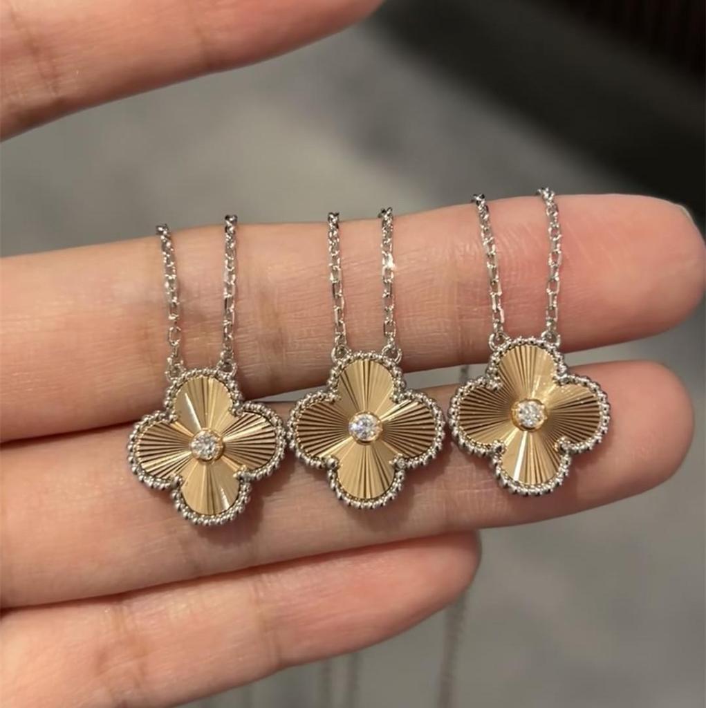 18K Gold Christmas Laser Four-Leaf Clover Necklace with CNC Carved Pendant & Sterling Silver Chain for Women