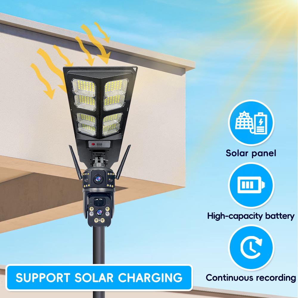 Multi-functional Solar Street Light with PIR Sensor Dual-lens Monitoring, Intelligent Lighting, Wireless WIFI/4G Camera