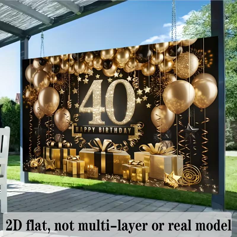 2D Black Gold 40th Birthday Backdrop Happy 40th Birthday Party Decoration Banner