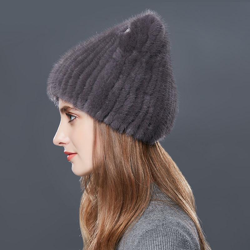 SOMALER Natural Mink Fur Hat ForWomen Cute Cat Ear ThickWinter Hat Female Fashion Fur Knitted Beanie