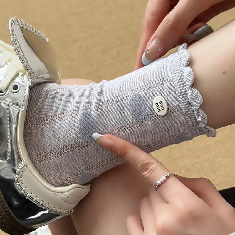 Female Summer Mesh Breathable Wave Point No Bone Hollow Button In The Tube Cotton Socks