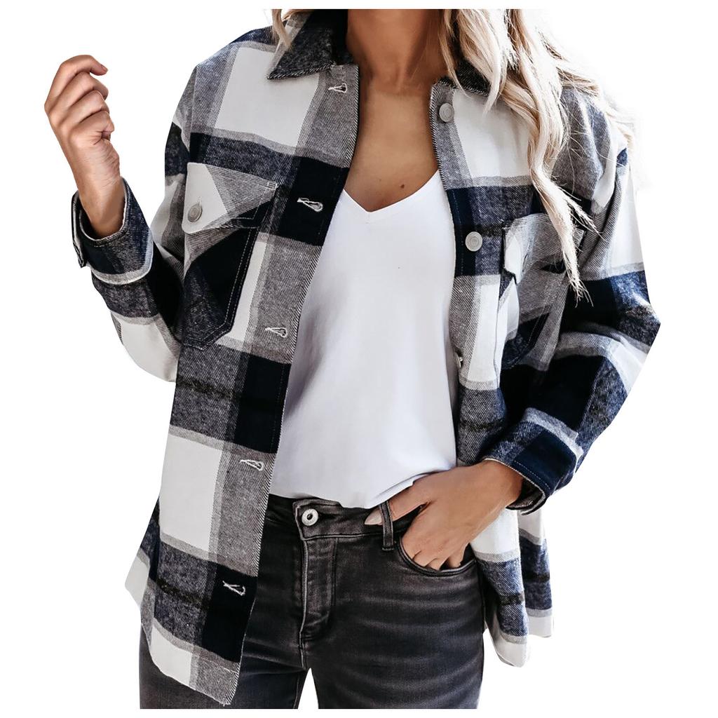 Women's And Winter Fashion Loose Plaid Print Pocket Long Sleeve Jacket
