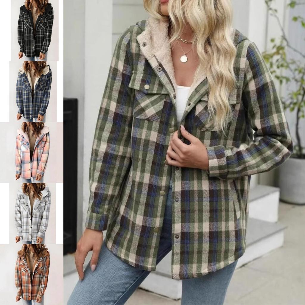 Women's Plaid Fashion Fleece Coats Winter Warm Hooded Fleece Jackets Casual Outwear Large Size Loose Comfortable Coat