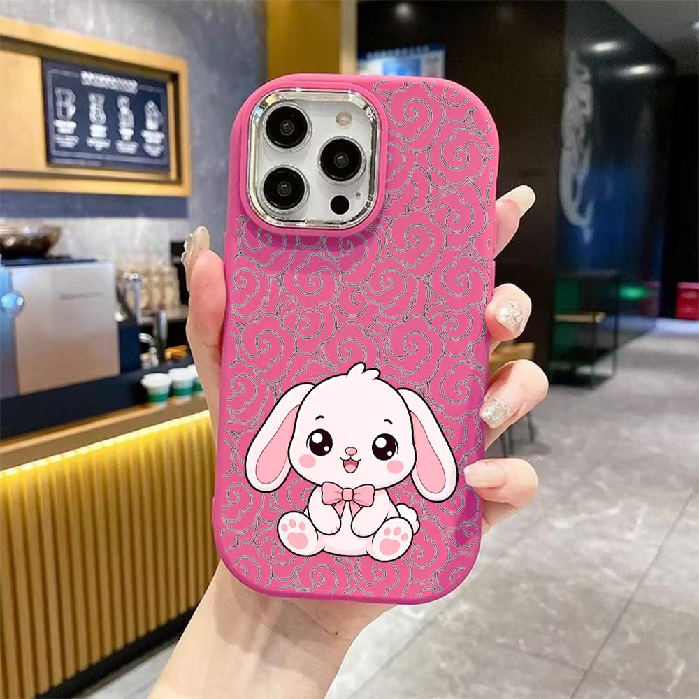 Phone Case: 2D flat design suitable for iPhone 18 17 16 15 14 13 Pro protective case, couple style, pink lop-eared bunny, Christmas and Halloween gift