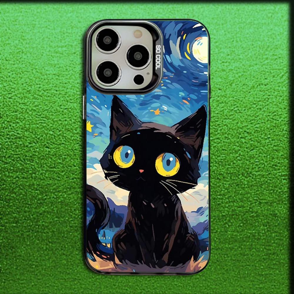 Starry Sky Van Gogh Black Cat Phone Case For iPhone 16,15,14,13,12,11,Mini,Pro,MAX Gray Matte Silicone Black Cover