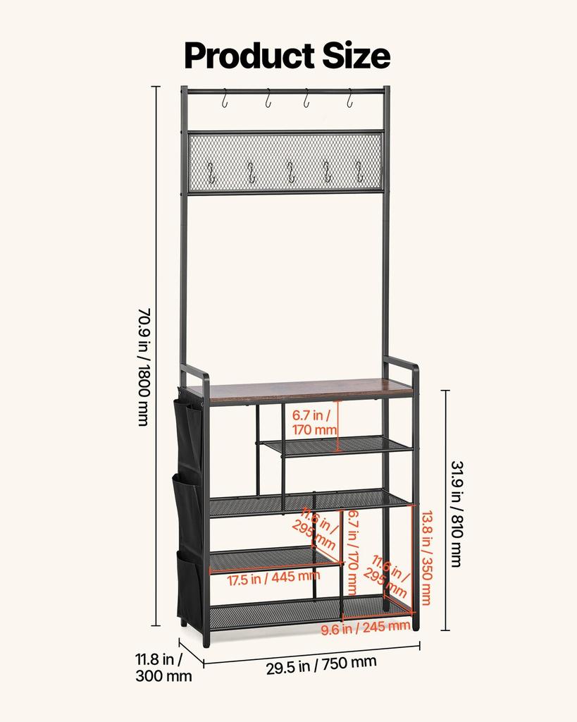 Hall Tree, 1800 mm Coat Rack with Shoe Storage, Freestanding 4-Tier Shoe Rack Organizer with Hooks, Side Pocket and Wire Shelf, Steel Frame Entrance