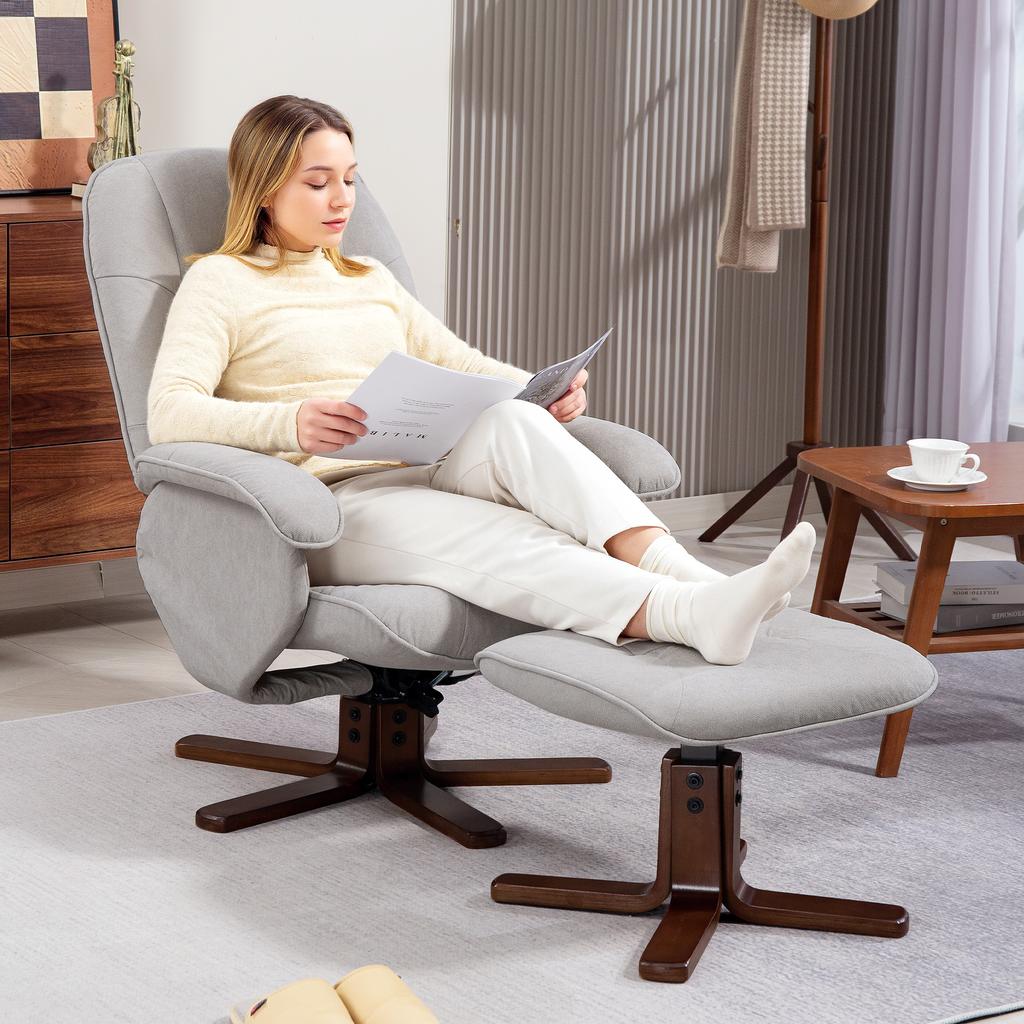 Linen Swivel Recliner Chair with Footstool, Upholstered Reclining Armchair with Wooden Base for Living Room, Light Grey