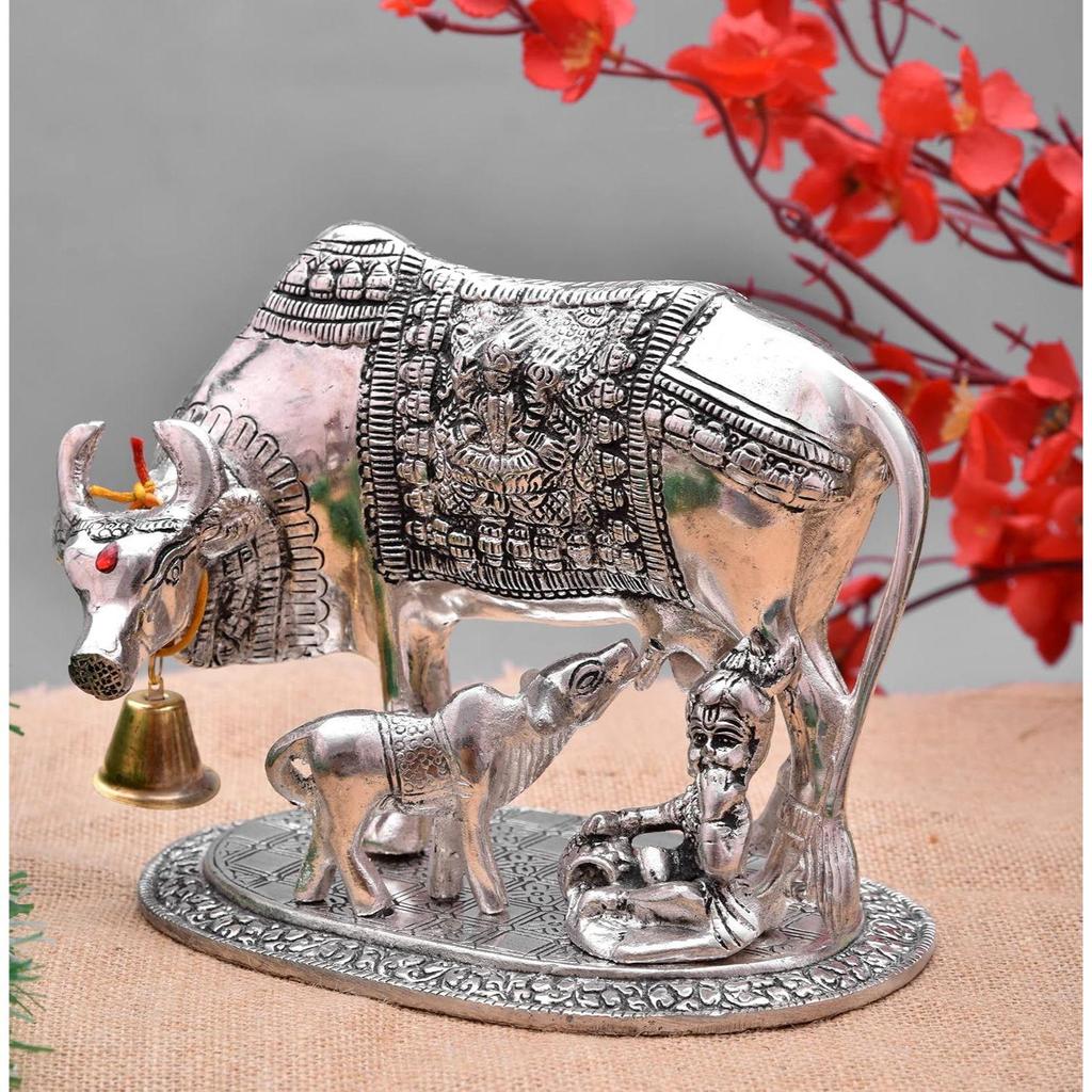Kamdhenu Cow with Calf and Krishna Metal Showpiece for Home Decor and Decorative Gift Item, Silver