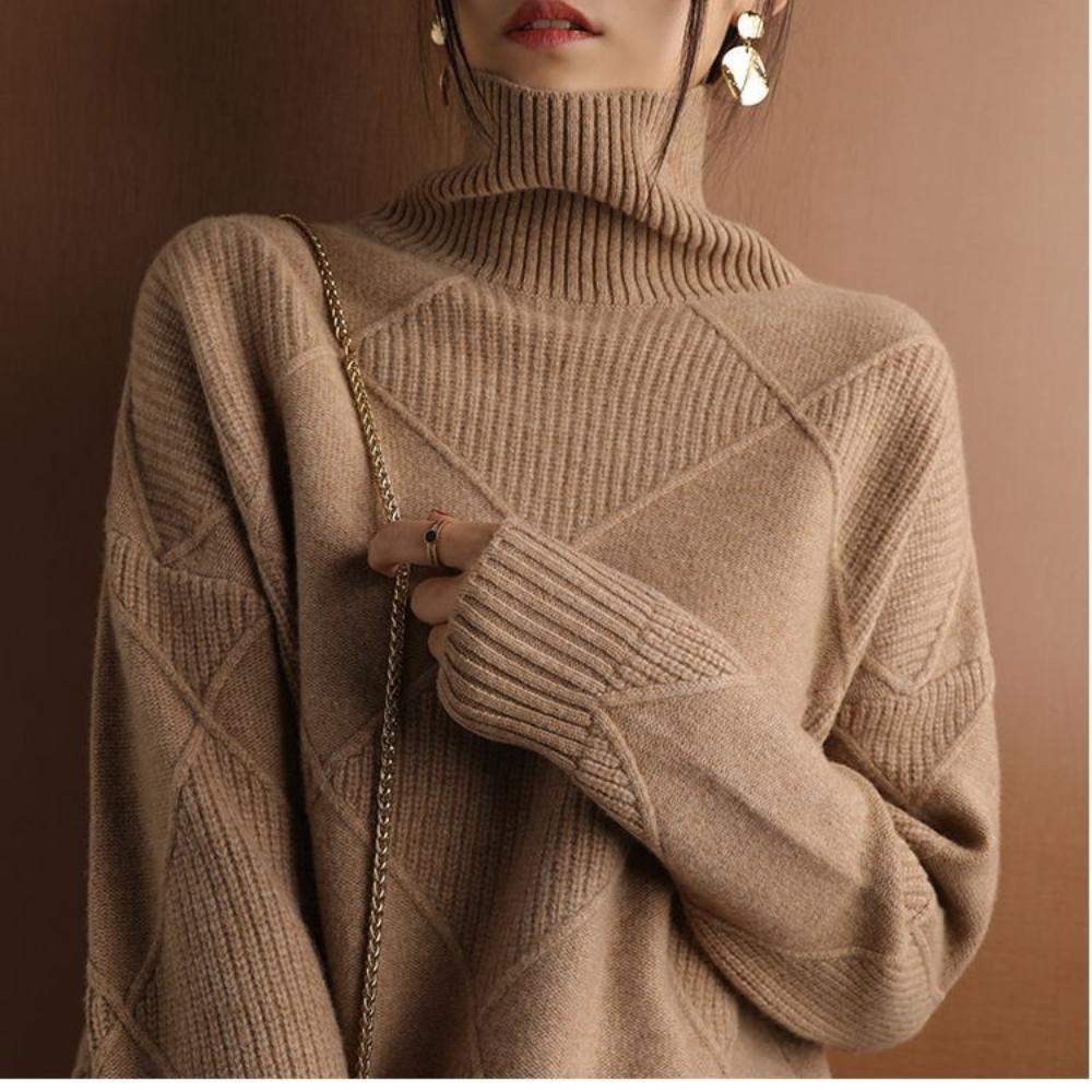 Женский трикотажный базовый свитер с высоким воротником, на осень и зиму, ромбовидной вязки, однотонный, толстый, пуловер, свободного и небрежного стиля