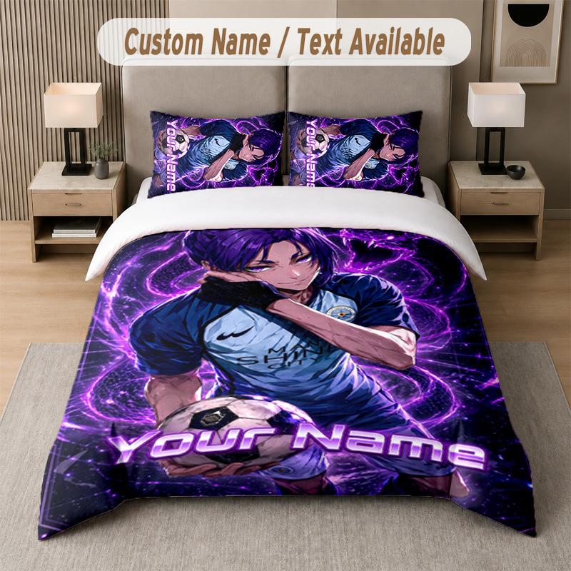 Blue Lock 3Pcs Bedding Set, Personalized Custom Name Text, 1 Duvet Cover & 2 Pillowcases For Bedroom