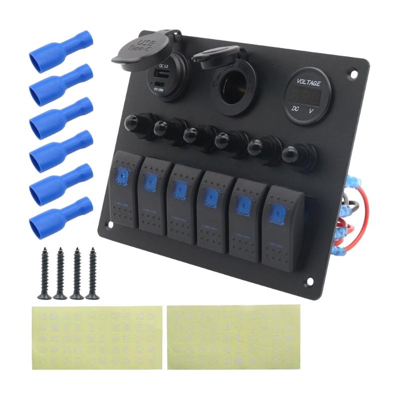Professional 6 Buttons Switches Panel with Digital Voltmeter Tester & USB Charging Plastic Perfect for Marine Boat Truck