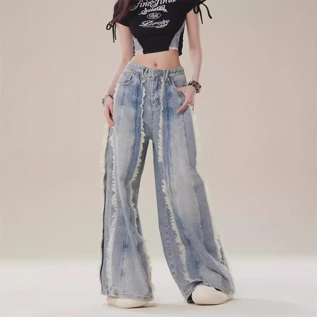 2024 Summer Retro High-Waist Loose Wide-Leg Fringe Jeans for Women