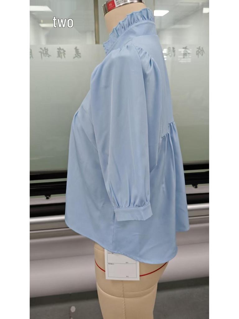 2025 Женская блузка с V-образным вырезом, свободным рукавом-фонариком, однотонная, повседневная, плиссированная - Европейский и американский стиль для работы