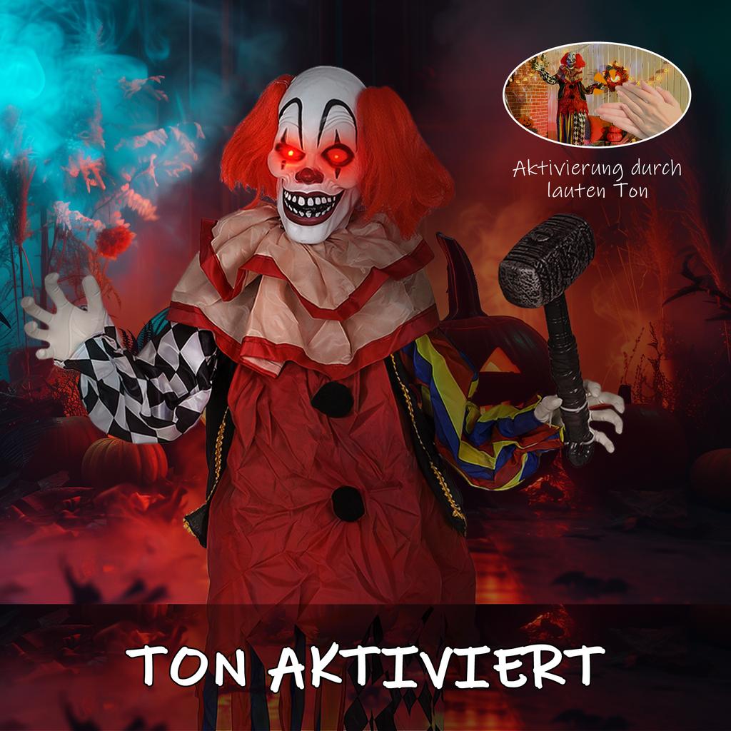Creepy clown, Halloween animatronic, 173 cm, glowing eyes, sound activation, movable arms and head, battery operated, plastic, metal, red