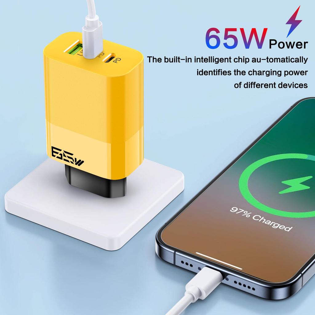 Быстрое зарядное устройство с двумя портами, 65 Вт: Type-C и USB, Быстрая зарядка PD, Стандарт США/ЕС.