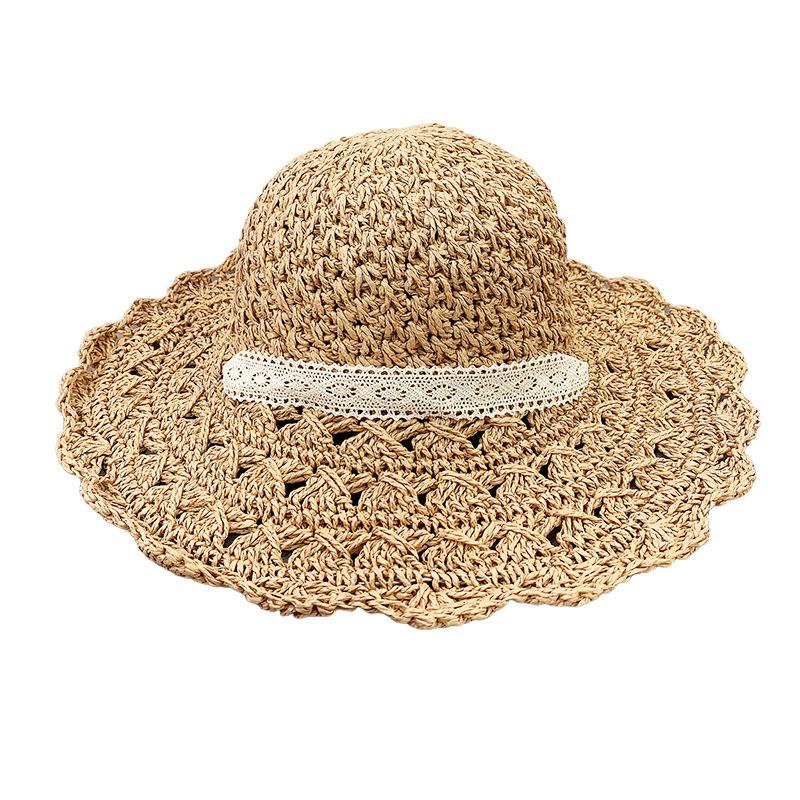Соломенная шляпа с кружевным ремешком и бантом, складная, литературная, модная, рыбацкая шляпа, ручная работа, большие поля, шляпа от солнца для женщин