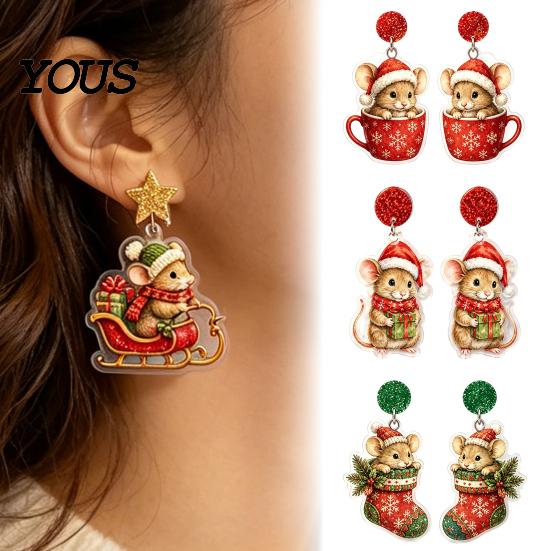 Holiday Stocking Stuffer 1 Pair Cute Christmas Mouse Acrylic Earrings, 2D Flat Cartoon Animal Dangle Seasonal Fashion Accessories Drop Earrings