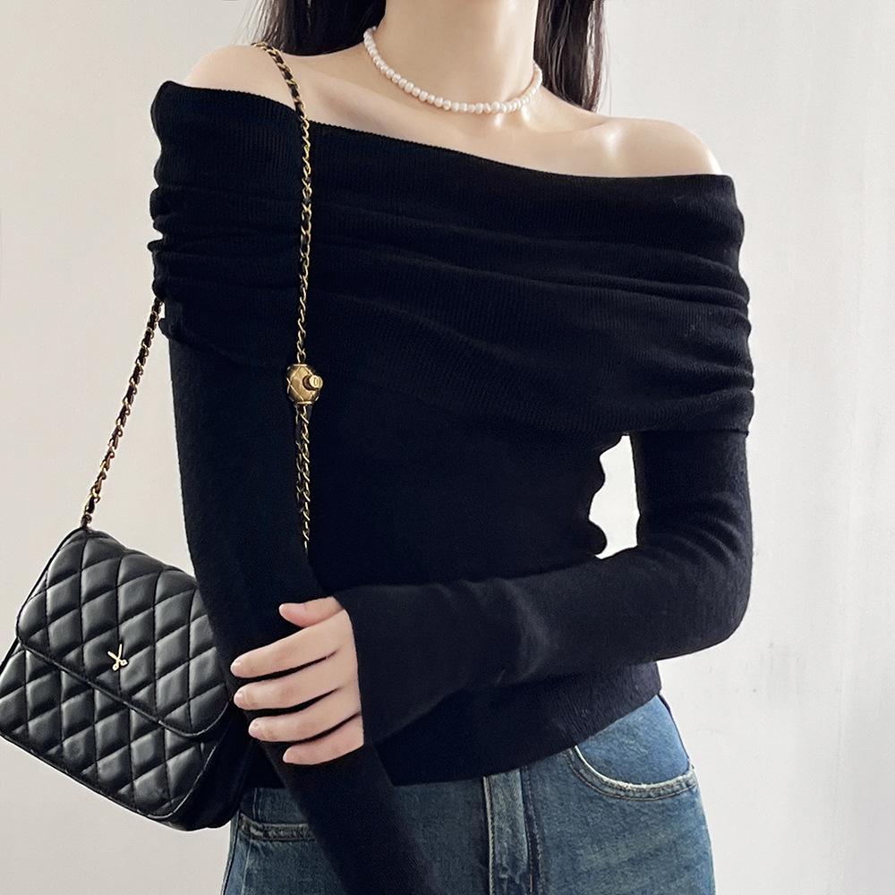 Весенне-осенняя женская футболка с длинными рукавами, сексуальная рубашка с вырезом «лодочка» и открытыми плечами, тонкая эластичная футболка