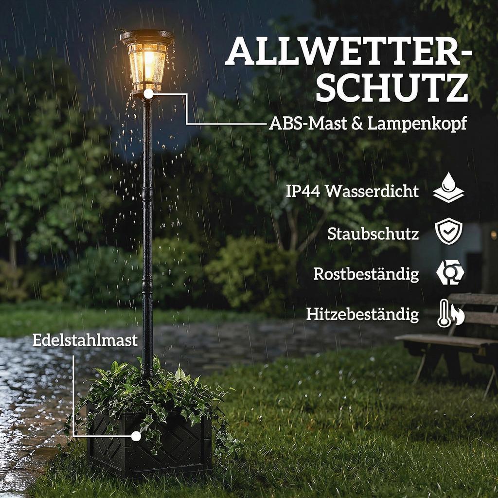 Solar Lantern Floor Lamp With Flower Pot 195cm Outdoor Garden Lantern With 2 Brightness Levels Light Control Switch IP44