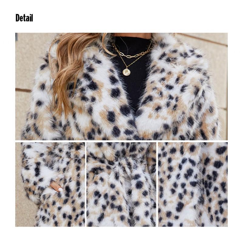 Womens Faux Fur Coat Leopard Print Blazer Collar Long Streetwear Jacket