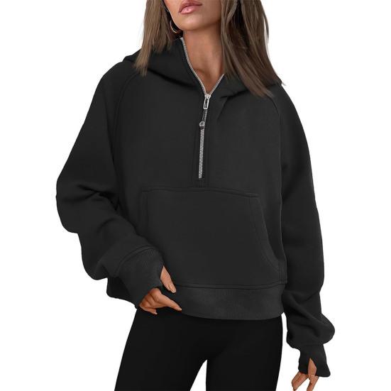 Fall Winter Hoodie Hooded Half Zipper Pocket Long Sleeves Loose Thick Pure Color