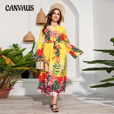 Весна и осень женские платья больших размеров с длинными рукавами и цветочным принтом Длинные платья с принтом в виде больших качелей