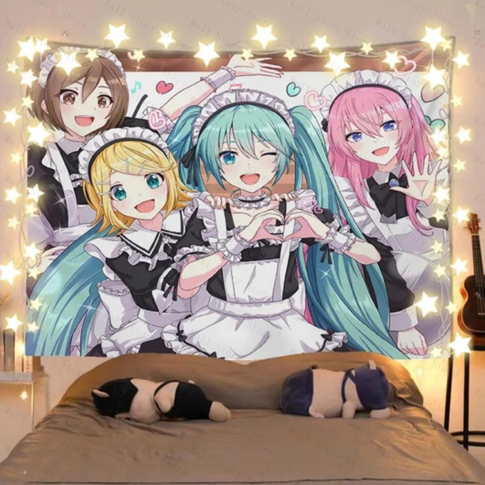 Anime Blue Hair Girl Tapestry Cute Japanese Cartoon Wall Hanging Aesthetic Room Decor for Bedroom Living Room Dorm Tapestry