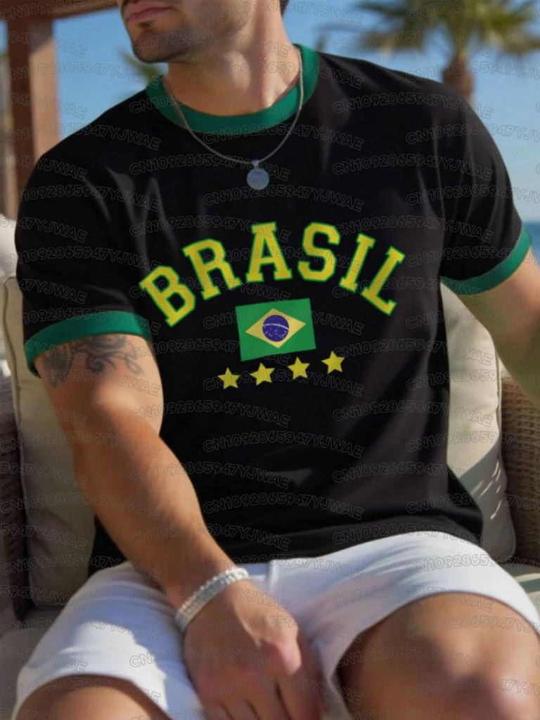 Summer Men's Women's Short Sleeve T-Shirt Brazil Print V-Neck Graphic Tee Jerseys Plus Size Sport T-Shirt