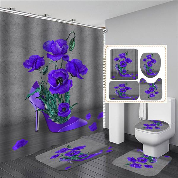 Водонепроницаемые наборы занавесок для душа с ковриками с цветочным принтом Товары для ванной комнаты Чехол на сиденье унитаза Нескользящий напольный коврик Коврики для туалета Ковер