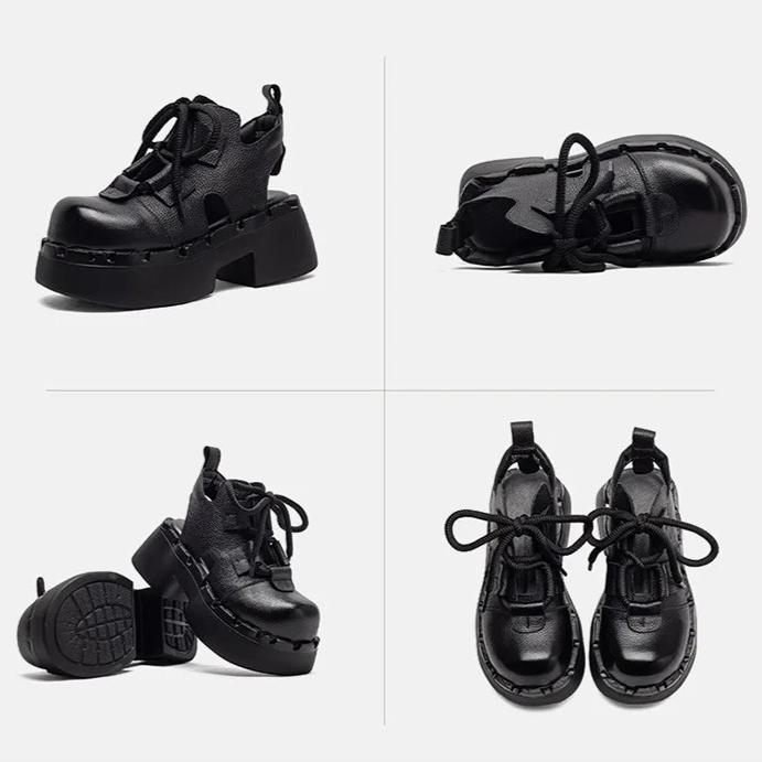 Johnature Ретро Сандалии из Натуральной Кожи с Вырезами Круглый Носок На Шнуровке Толстая Подошва Женская Обувь