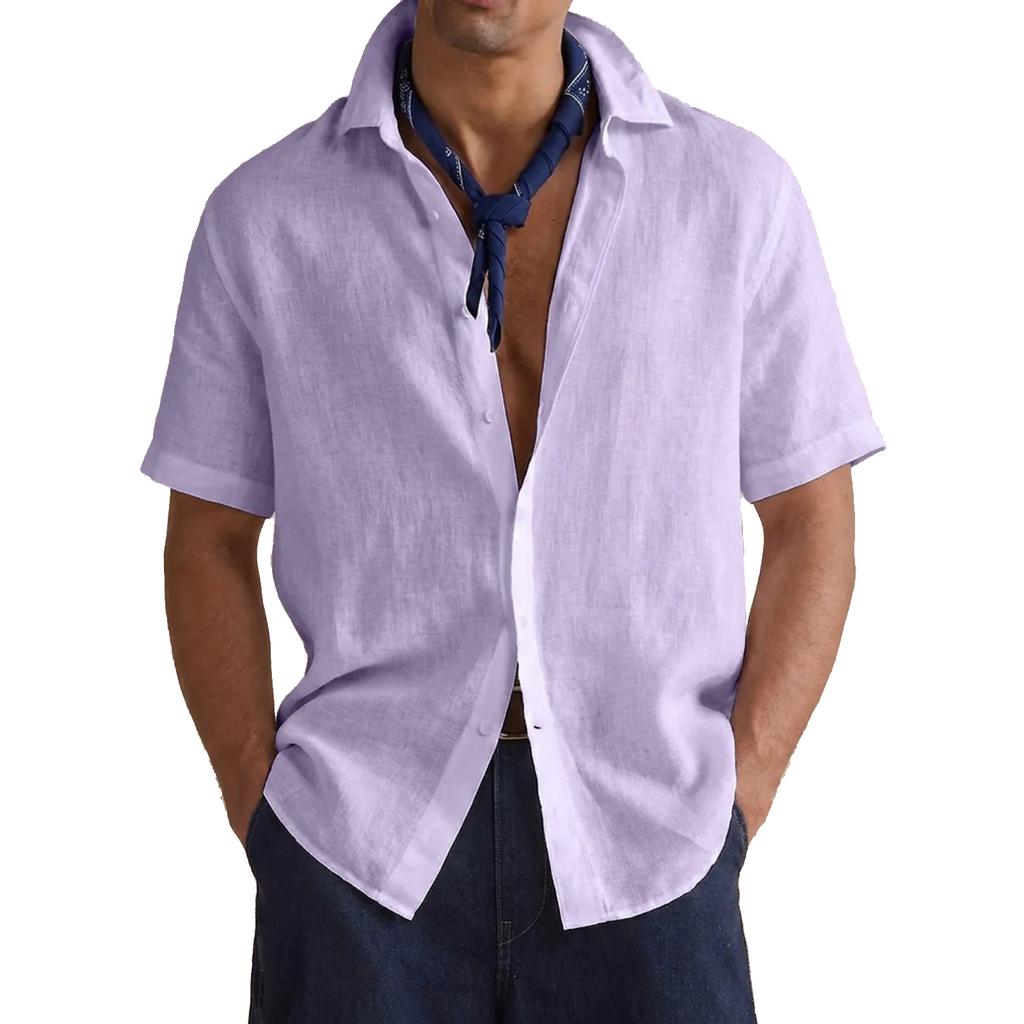 Мужская повседневная свободная рубашка с пуговицами и коротким рукавом - Мужская однотонная хлопковая дышащая рубашка