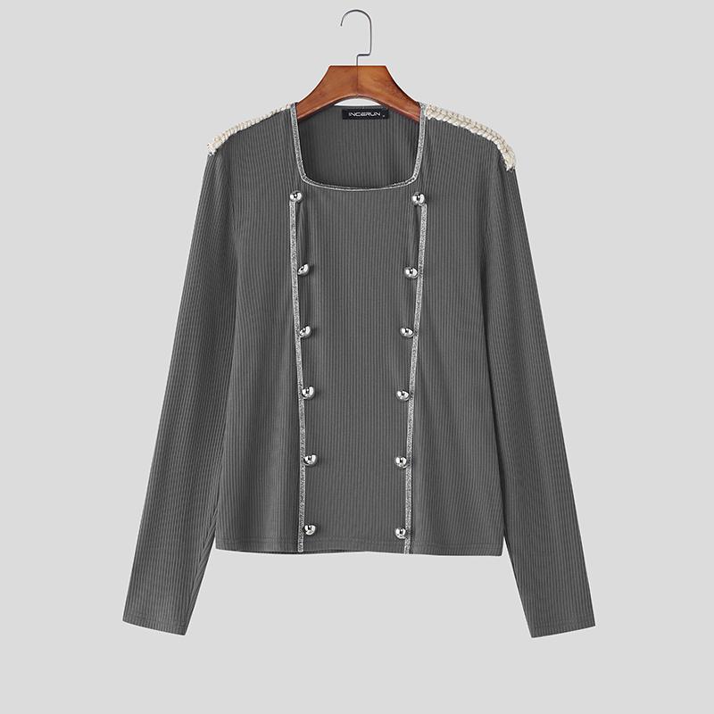 INCERUN Мужские футболки с квадратным вырезом, длинным рукавом, пэчворком, пуговицами, облегающие, укороченные топы