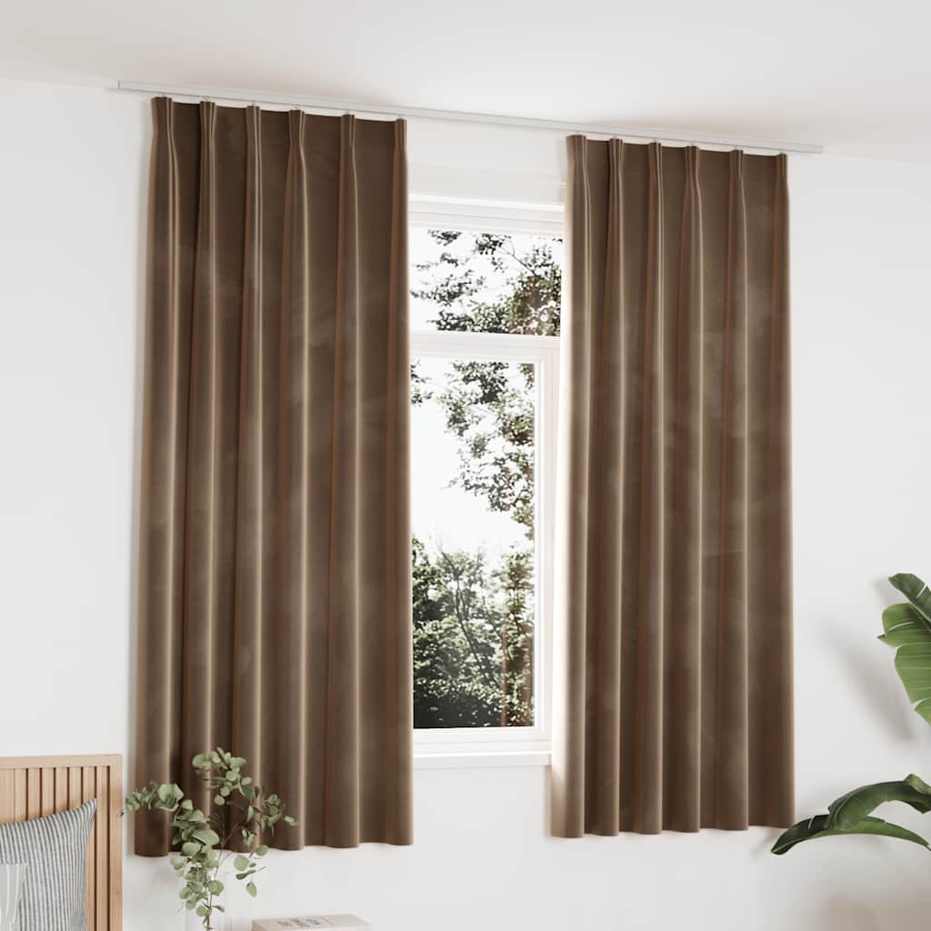 Blackout Curtains with Hooks 2 Pieces Velvet Beige 140 x 175 cm
